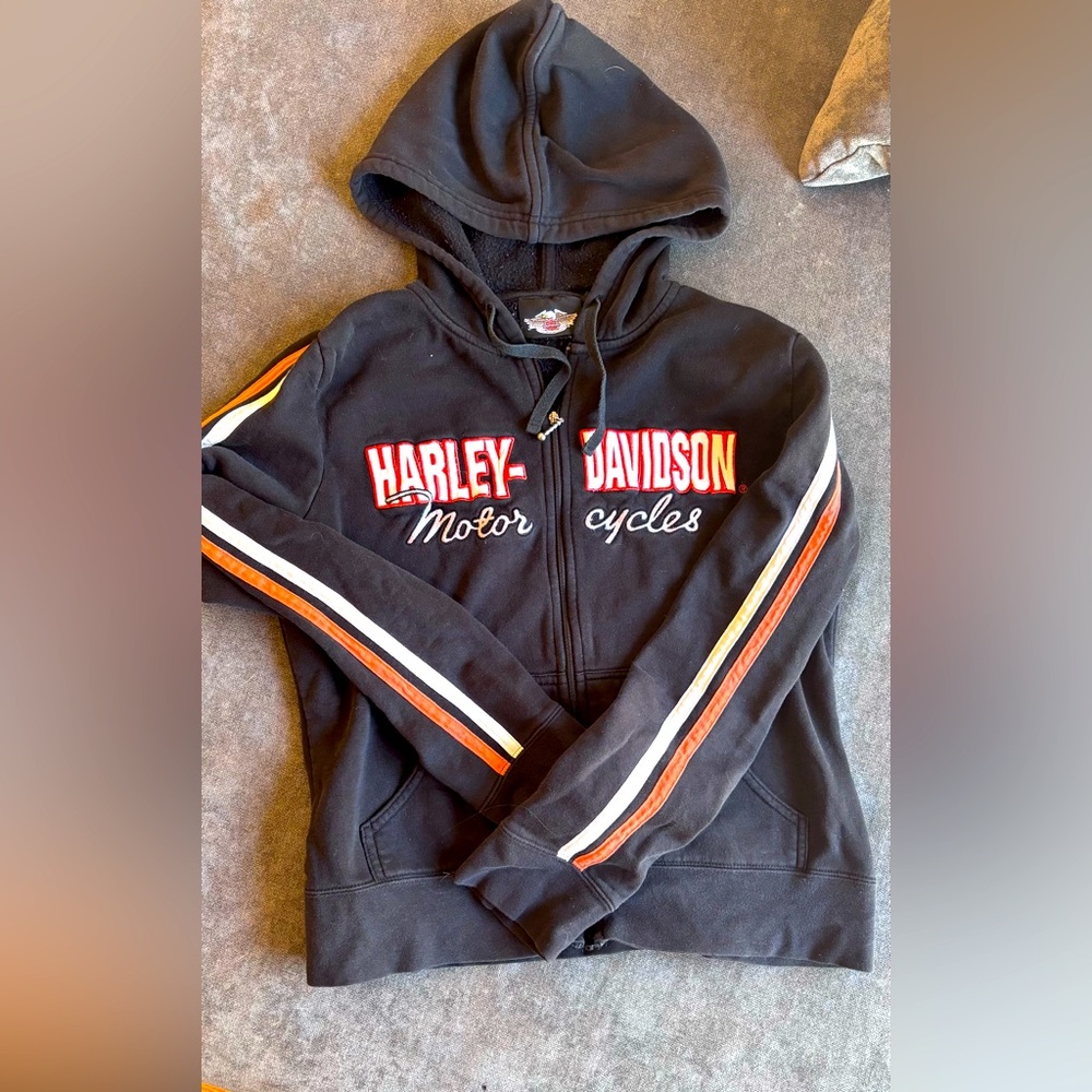 Harley Davidson zip sweatshirt black white and orange women’s size M